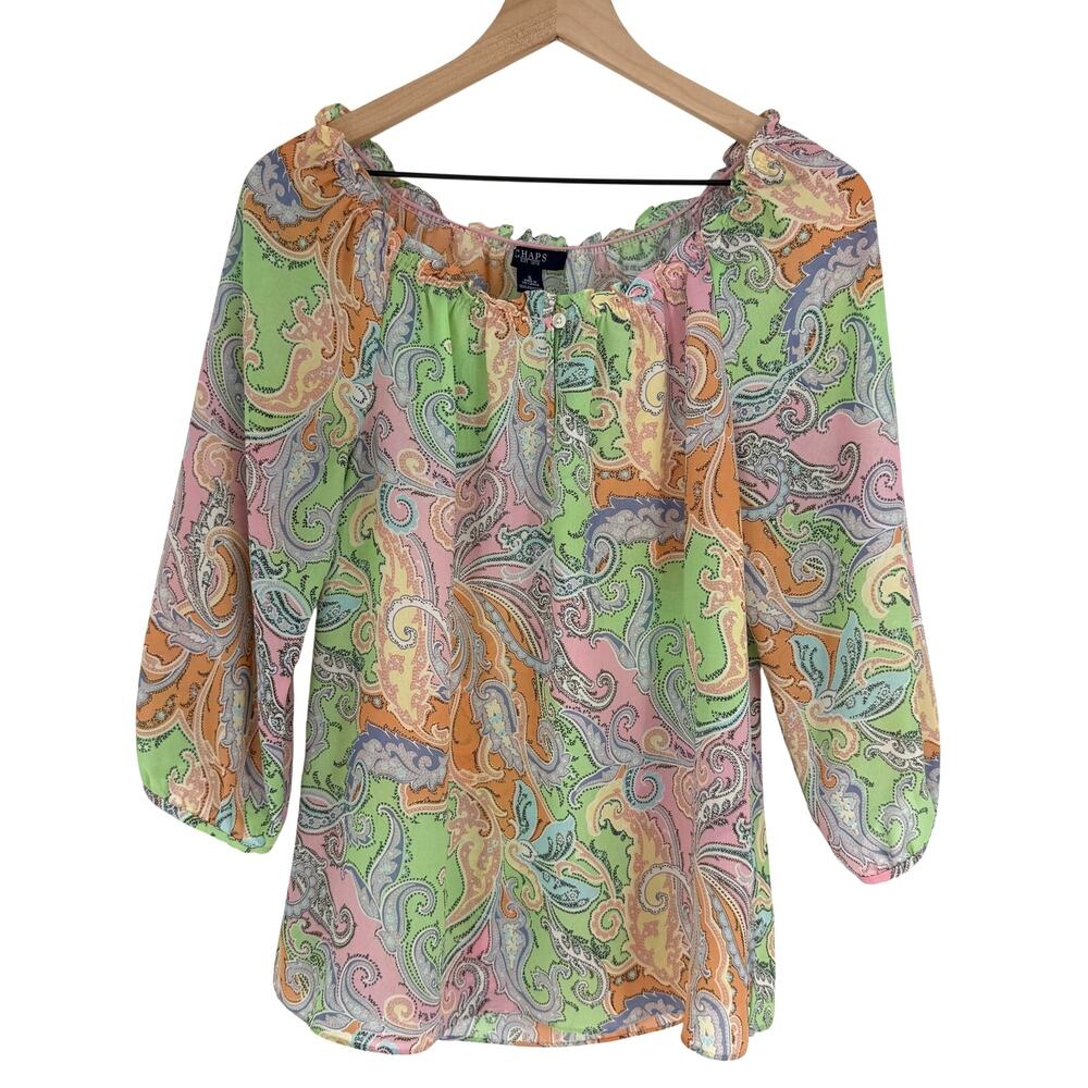 Y2K Chaps Colorful Paisley Flowy Blouse Top Size Small Green Pink
